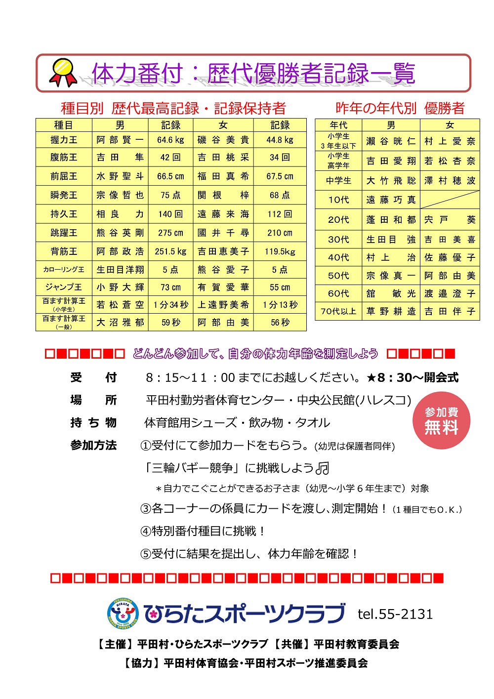 体力番付,ひらた場所,歴代優勝者記録一覧