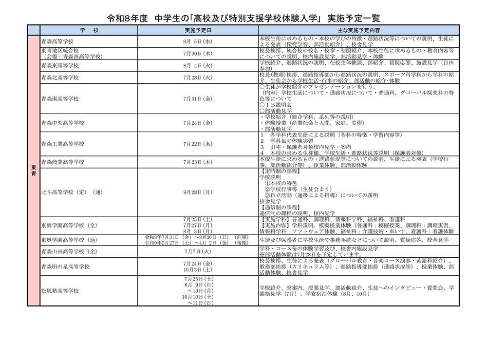 青森県高校 体験入学 実施予定