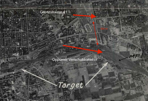 Optische Zielkarte des Einsatzes. Grenzstrasse 41/43 liegt unweit des Primärzielpunktes (MPI = Mission Point Indikator).