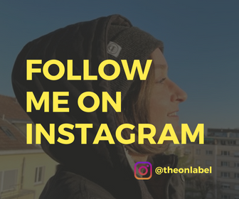 Grafik mit Aufschrift „Follow me on Instagram“ über einem Portrait mit ON-Label Mütze – Call-to-Action zur Social Media Präsenz von ON-Label.