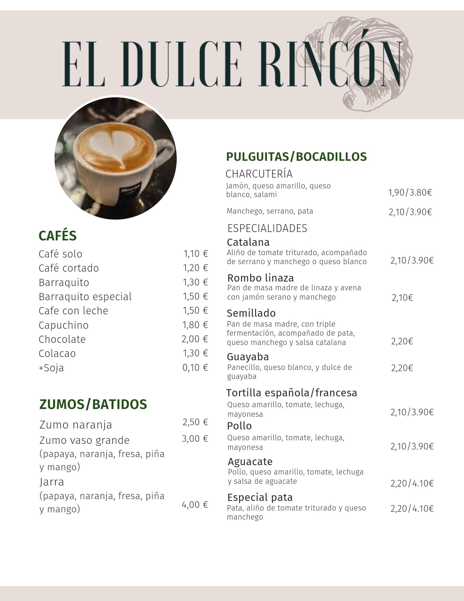 Menú 1/2 - Cafetería El Dulce Rincón