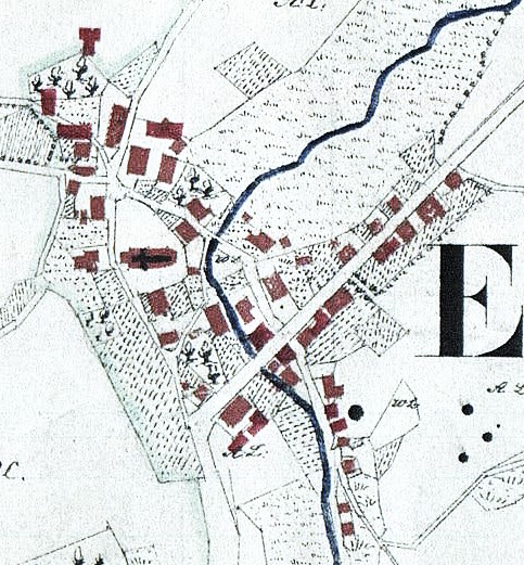 Historische Karte von 1830 (Ausschnitt) zeigt das Kirchdorf Eslohe nach Fertigstellung der Minden- Koblenzer Reichsstraße im Jahre 1814