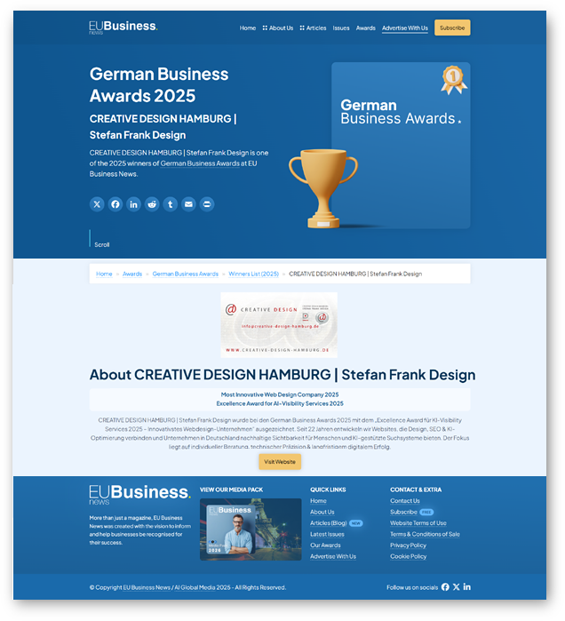 Webscreen: www.eubusinessnews.com/winners/creative-design-hamburg-stefan-frank-design-3/ - Most Innovative Web Design Company 2025 - Excellence Award for AI-Visibility Services 2025