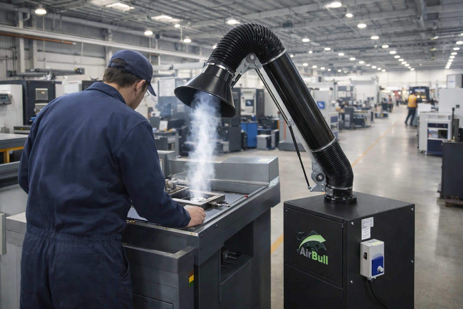 AirBull-P 3500 mobile Punktabsaugung mit Absaugarm erfasst Staub und Rauch direkt am Arbeitsplatz in der Industrie