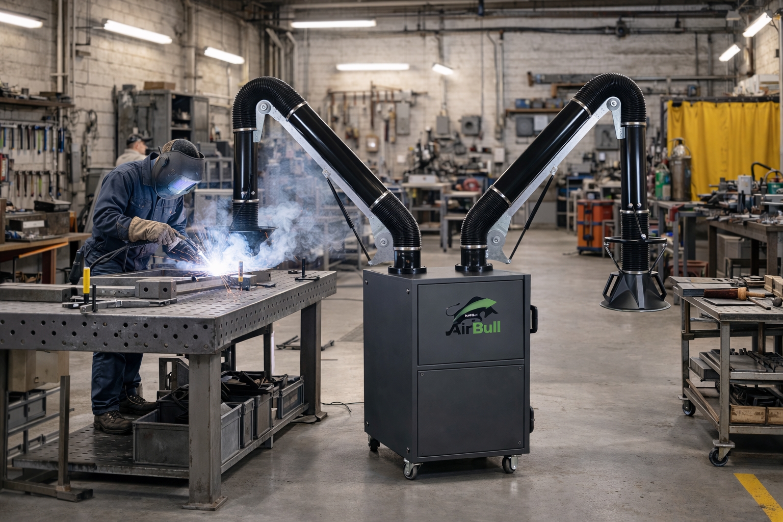 AirBull P-3500 mit Absaugarm – Erfassung von Schleifstaub in der Metallverarbeitung
