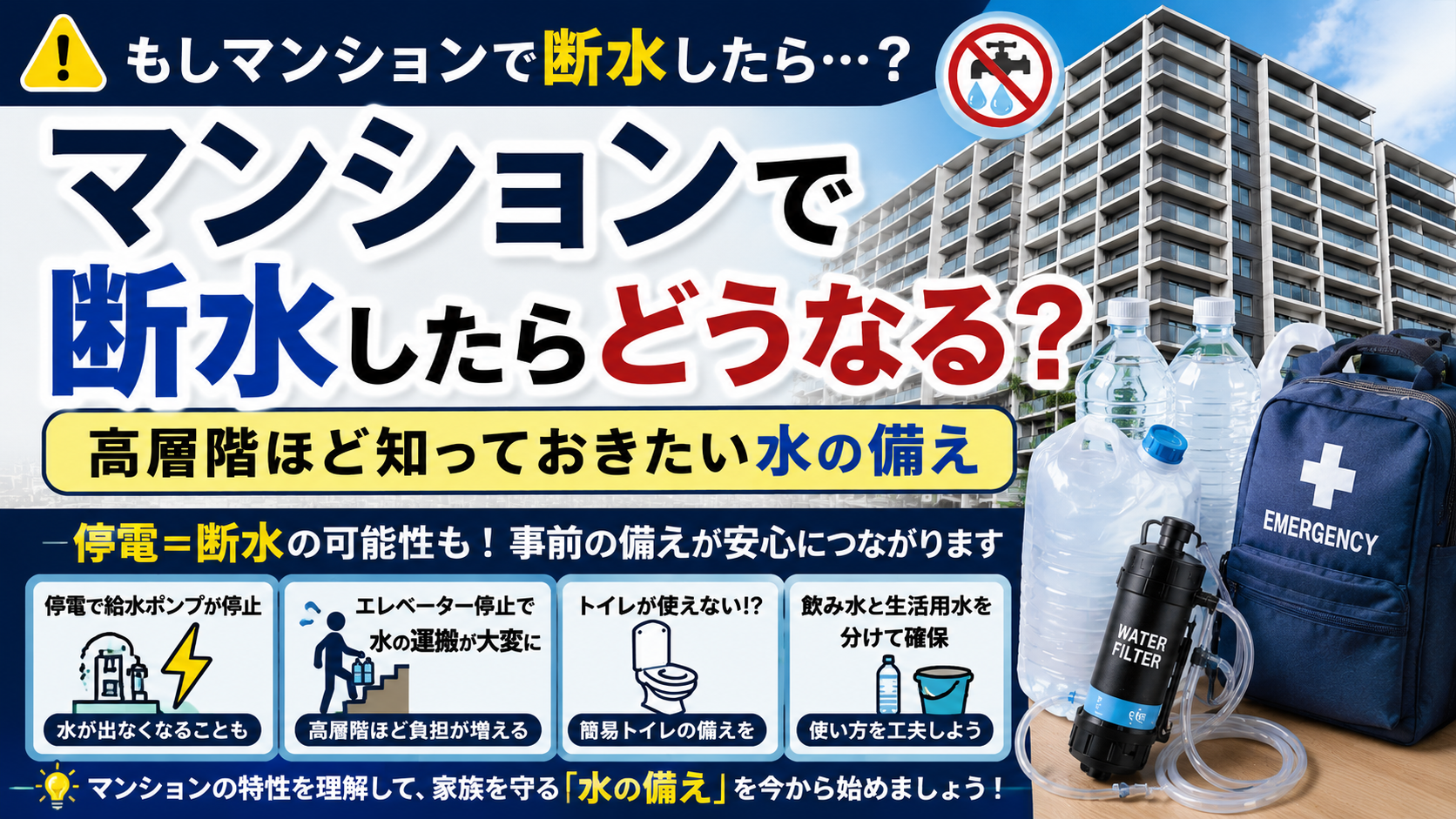 マンションで断水したらどうなる？高層階ほど知っておきたい水の備え