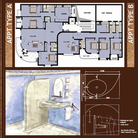 Plan étage type et perspective sur salle de bain