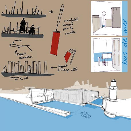 croquis aménagment J4 et proposition de mobilier urbain et signalétique pour les transports maritimes de proximité.