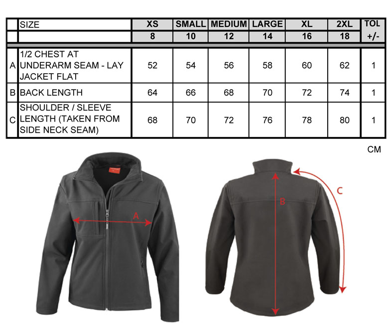 Maßtabellen ResultLadies Classic Soft Shell Jacket RT121F