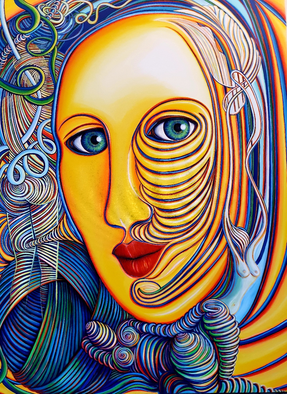 Zeitgenössische Malerei von Alexandra Mohr, Großformatiges Acryl Bild, ein großes gelbes Gesicht, das sich auflöst in einen gefallenen Engel und ein Frauenkörper aus Schlingen .Ausgestellt im PAN Museum Emmerich am Rhein 2023