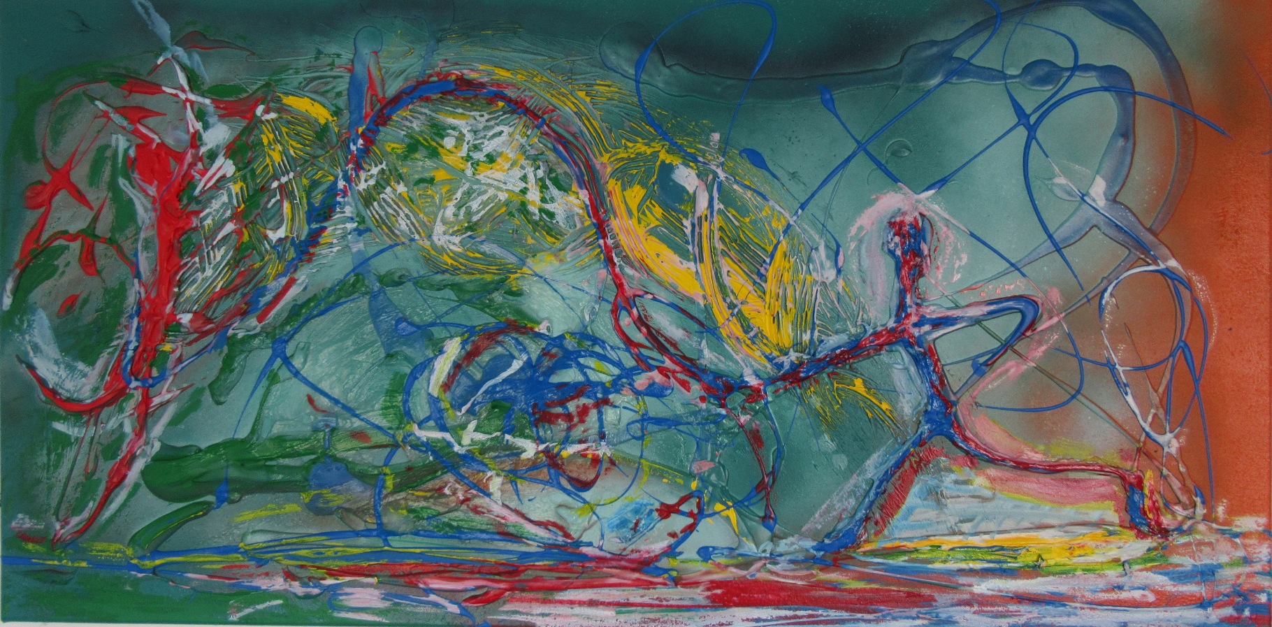 Zeitgenössische Malerei von Alexandra Mohr: Farbintensive, pastose, schnelle Pinselführung mit Acryl auf Leinwand. Abstrakter Tänzer, der die Energie zum Leuchten bringt. Hintergrund in Petrol mit bunten Sprenkeln.