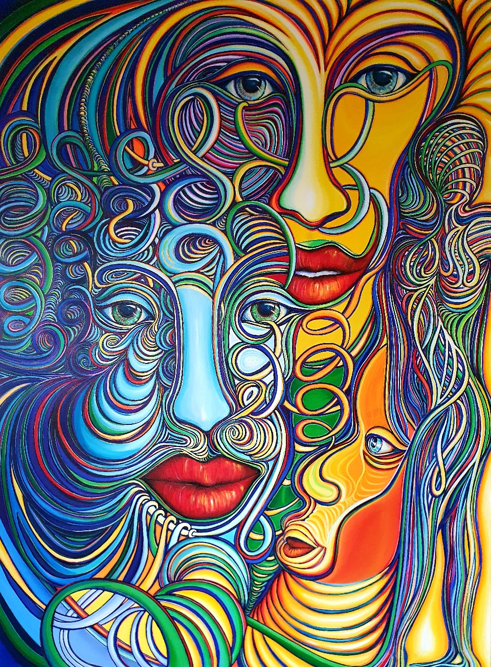 Zeitgenössische Malerei von Alexandra Mohr, das großformatige Acrylbild wurde ausgestellt im PAN Museum, Emmerich, zu sehen sind drei Gesichter, die von blau bis indisch gelb ineinander mit Schlingen und Schlaufen verschmelzen, rechts ein Frauenkörper.