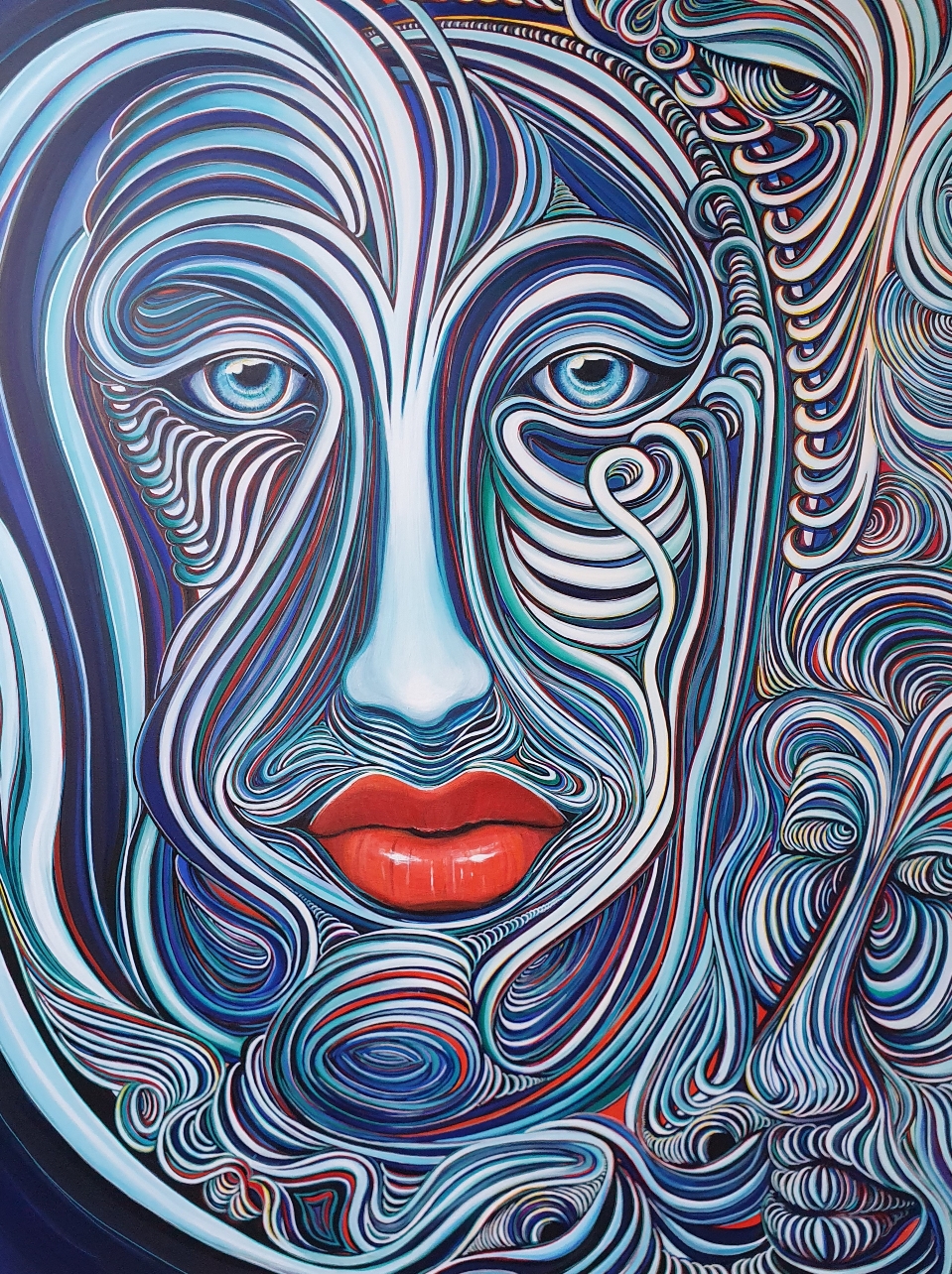 Zeitgenössische Malerei von Alexandra Mohr: Großformatiges Acrylbild in blautönen gehalten mit großem roten Mund, die Augen schauen Dich provozierend an. Ausgestellt im Hong Art Museum & Kaifeng Museum, China
