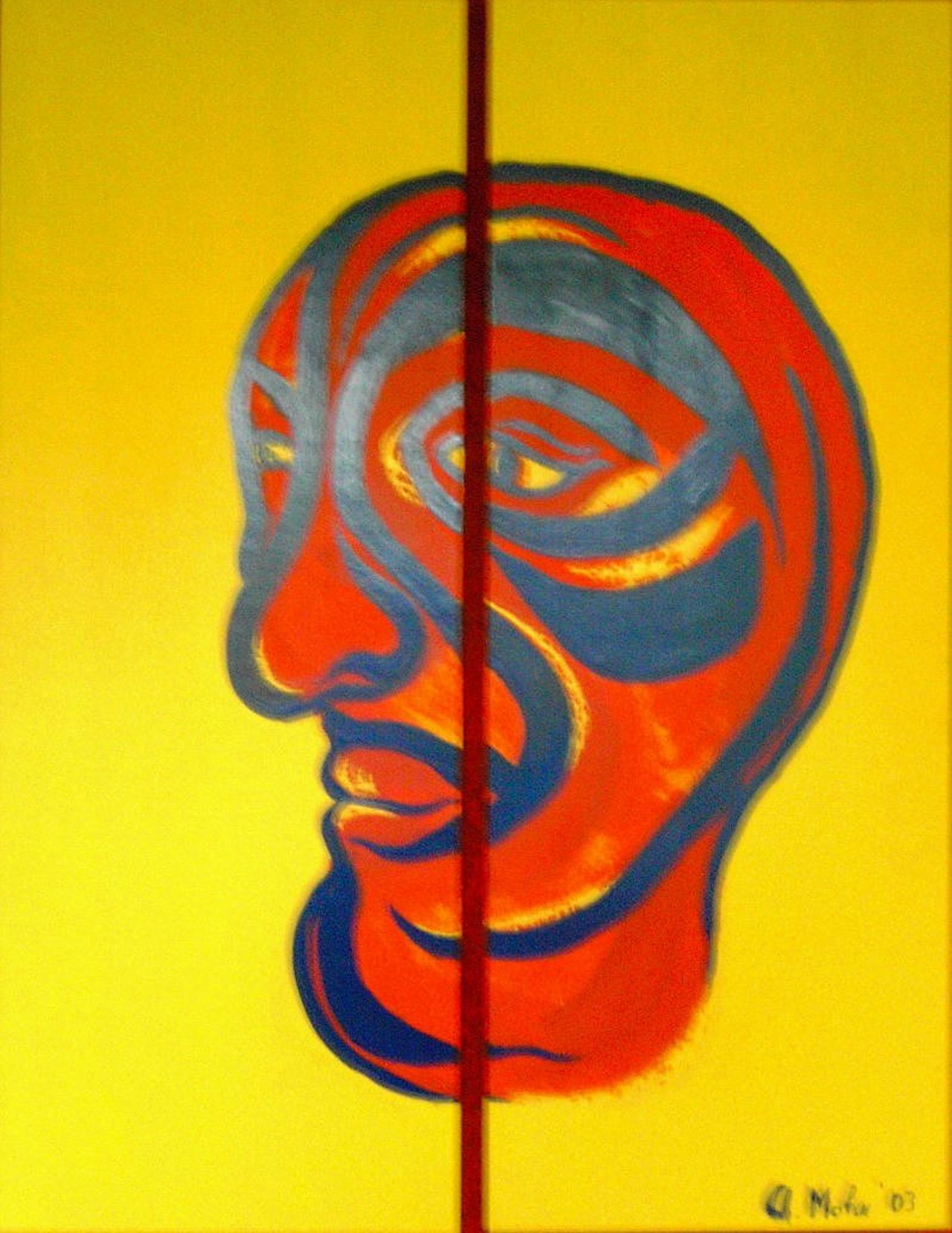 Zeitgenössische Malerei von Alexandra Mohr: ein Diptychon (Holzbild) mit Spraylack, gelber Hintergrund, der Kopf in rot/ blau Tönen gehalten und nach links schauend, die Teilung geht durch das Gesicht und ist abstrakt dargestellt.