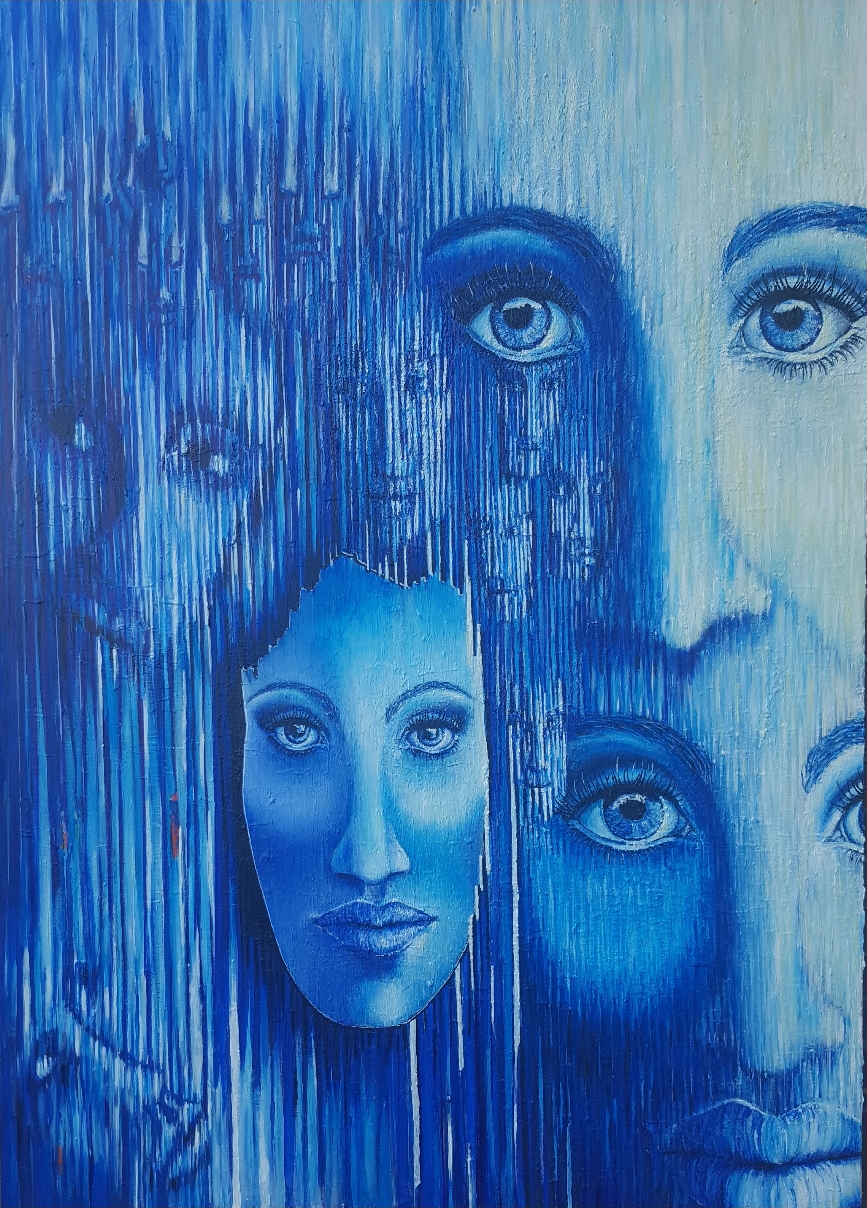 Zeitgenössische Malerei von Alexandra Mohr: Ganz in Blautönen gehaltenes Acrylbild, ineinanderfließende Gesichter auf der rechten Seite, realistisch, nach rechts lösen sie sich auf in Strichen. Ausgestellt im Hong Art Museum & Kaifeng Art Museum, China