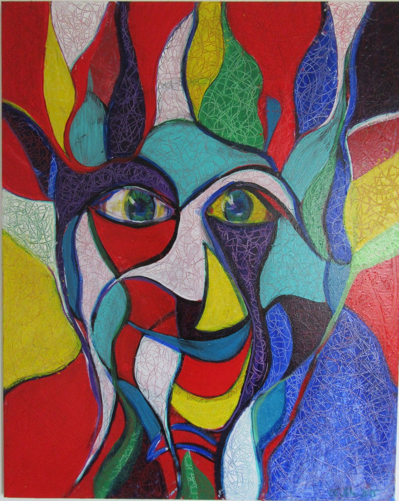 Zeitgenössische Malerei von Alexandra Mohr: Ein Gesicht, das aus verschieden farbigen Flächen mit Acryl zusammengesetzt wurde, erinnert an einen Clown, der Dich schelmisch anschaut. Ausgestellt in Mörfelden Walldorf