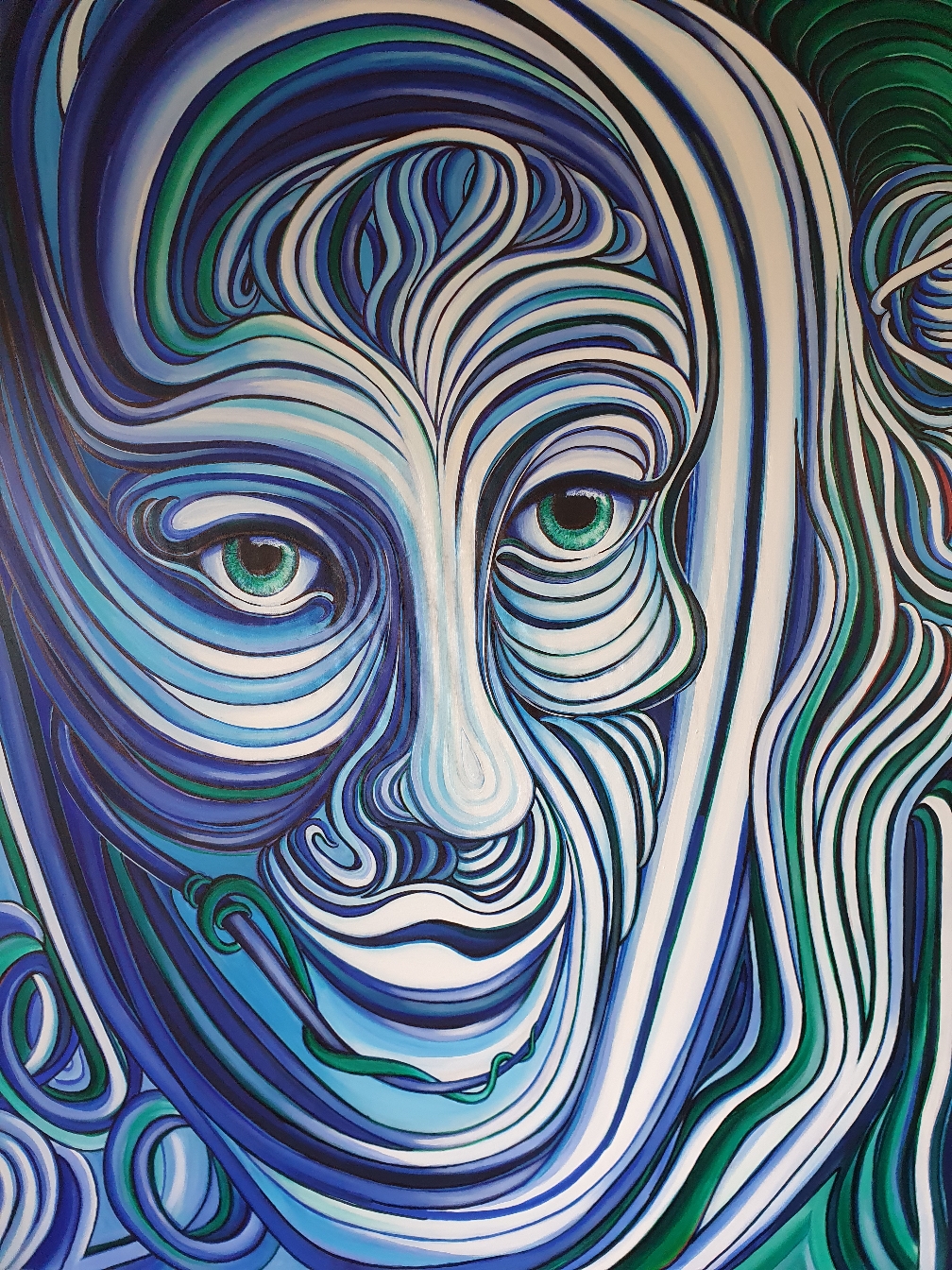 Zeitgenössische Malerei von Alexandra Mohr: Großformatiges in blautönen gehaltenes Acrylbild, das einen Männerkopf zeigt der aus Schlaufen und Schlingen besteht, rechts ein Körper, ausgestellt im Hong Art Museum, Kaifeng Art Museum China 