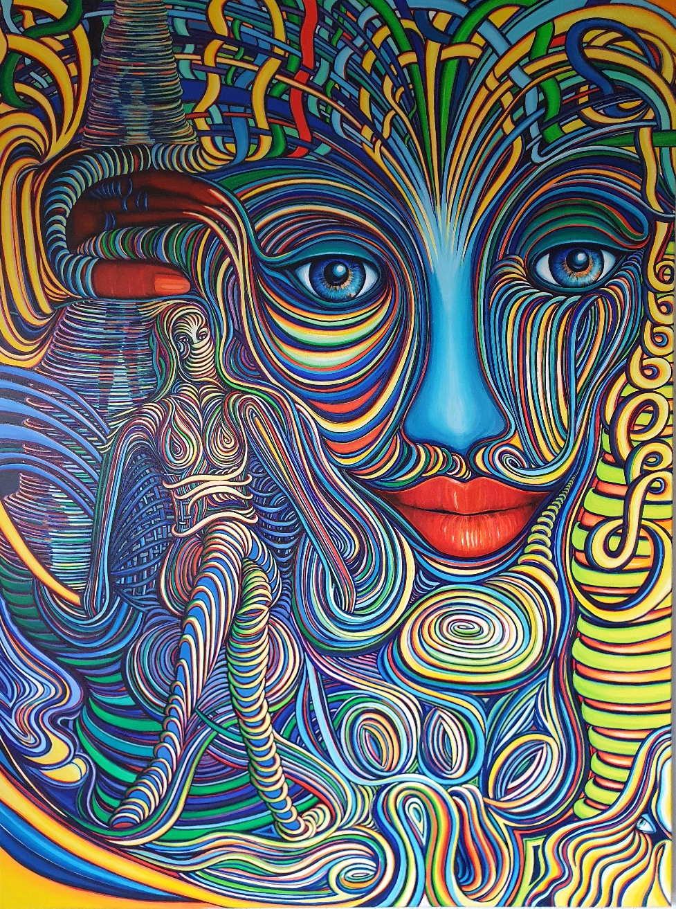 Zeitgenössische Malerei von Alexandra Mohr, Großformatiges Acrylbild, aus Schlingen und Schlaufen geformtes Gesicht, mit einer sitzenden Frau, die eine Burka trägt, das Gesicht schaut fragend. Das Bild ist sehr bunt und und ausdrucksstark 