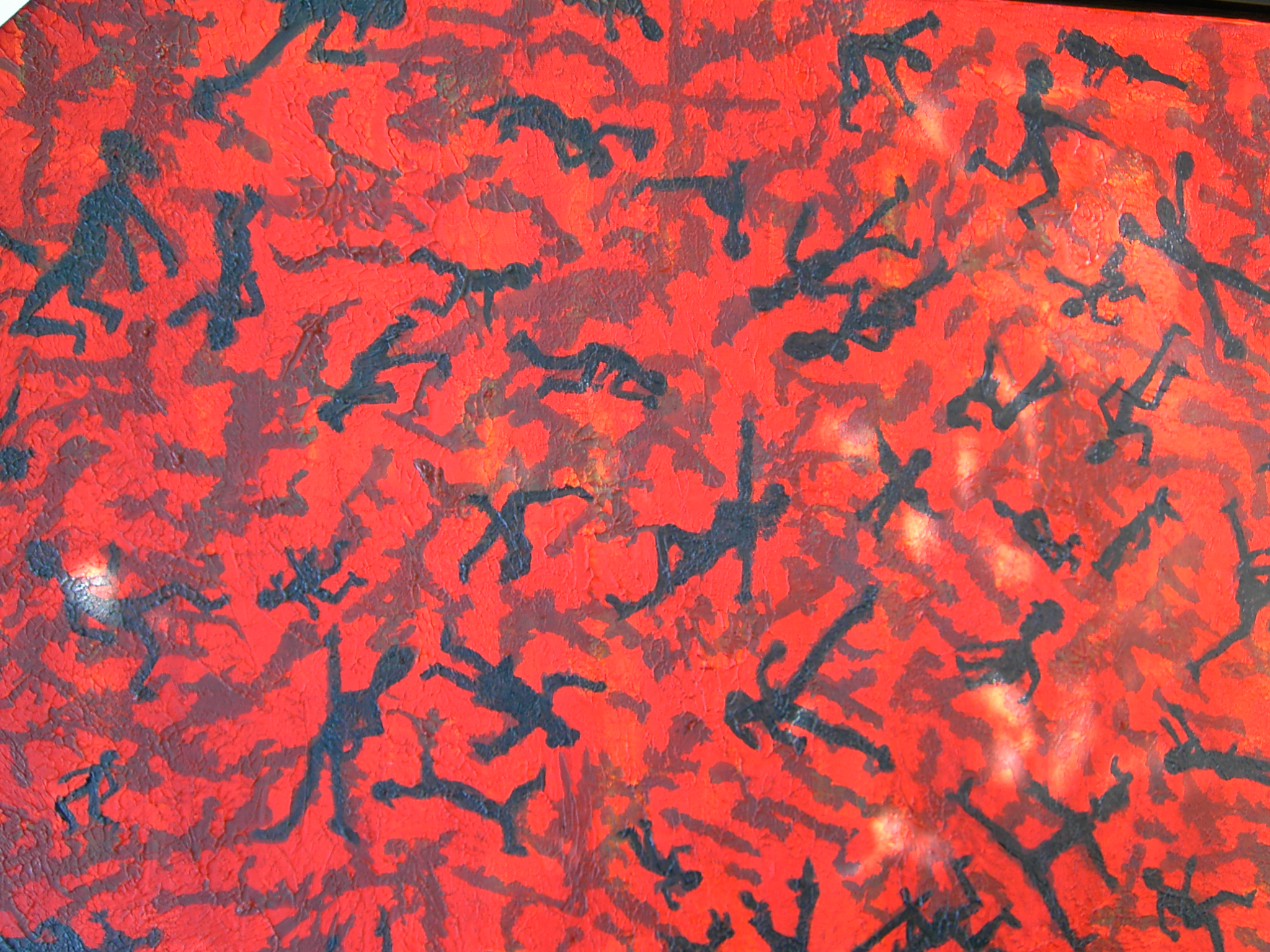 Zeitgenössische Malerei von Alexandra Mohr: Acryl auf Leinwand mit rotem Hintergrund auf dem Menschen in dunkelgrün unterschiedlicher Ansichten und nicht geordnet, das Bild von jeder Seite, ob oben, unten, rechts, links zu betrachten ist.