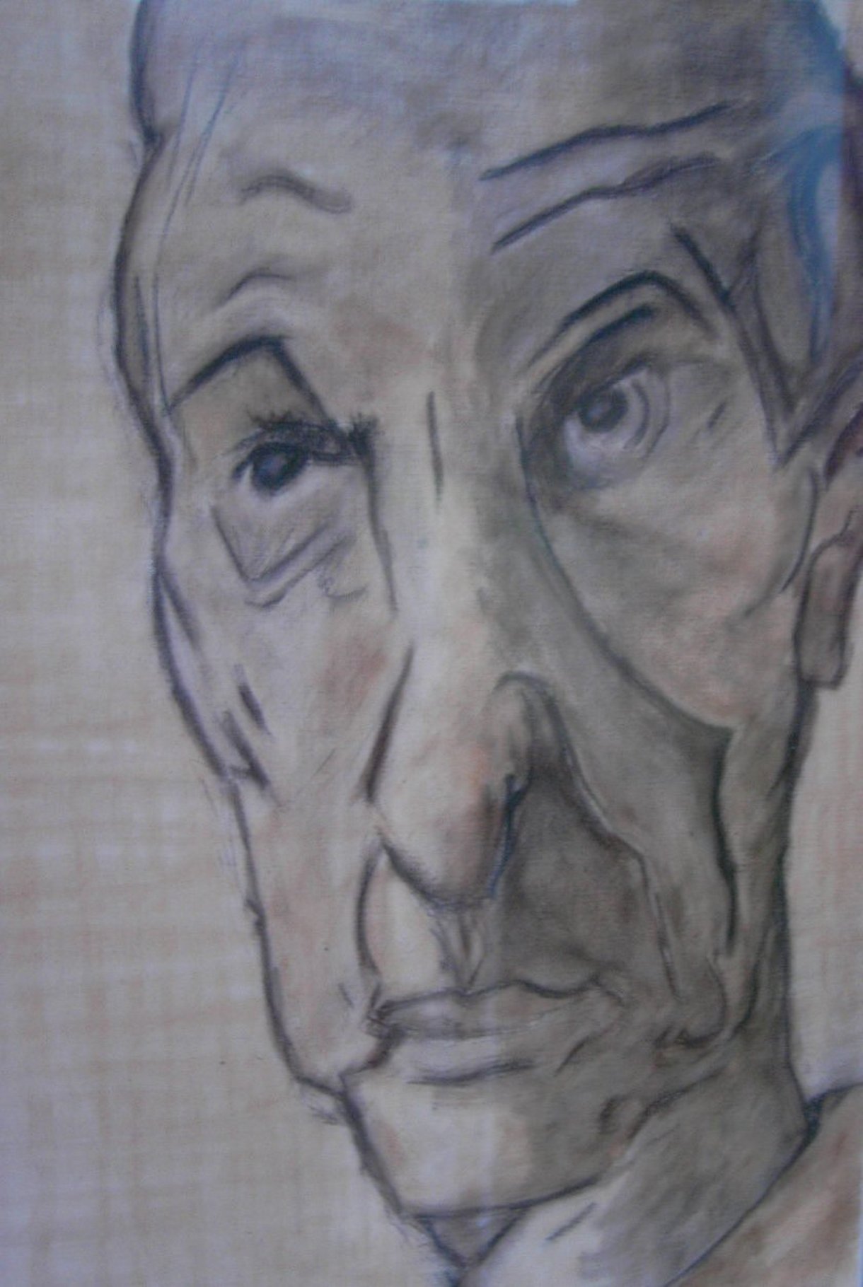 Zeitgenössische Malerei von Alexandra Mohr: mit Kohle, Röteln und Hagebuttentee auf Strukturpapier gemalt. Zu sehen ist ein Männerkopf der Konrad Adenauer darstellt.Auftragsarbeit