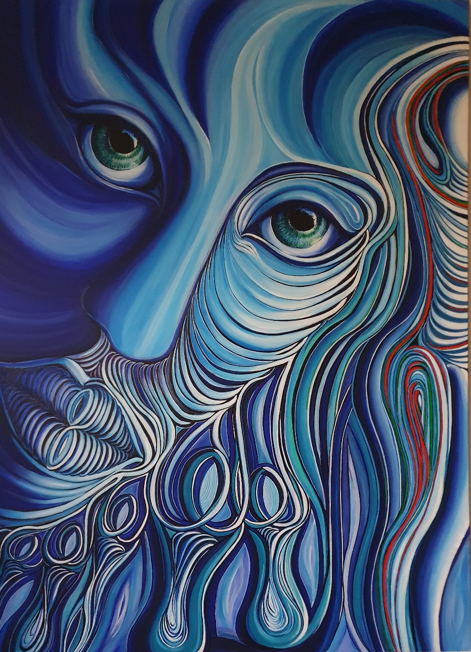 Zeitgenössische Malerei von Alexandra Mohr: Großformatiges, in blautönen gehaltenes Acrylbild, ein Frauenkopf der von links sich in Schlingen und Schlaufen auflöst. die Lippen sehen vernäht aus. Ausgestellt im Hong Art Museum & Kaifeng Art Museum, China