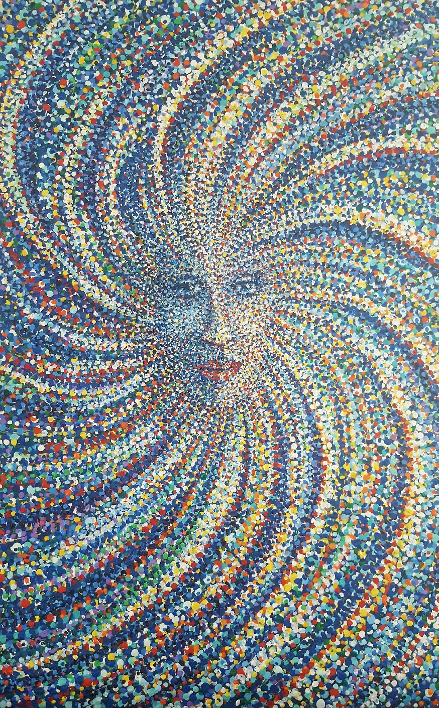 Zeitgenössische Malerei von Alexandra Mohr: ein haptisches Acryl Bild, dass sich wie ein Wirbel mit vielen, bunten Punkten zu einem Gesicht in der Mitte des Wirbels aufbaut.