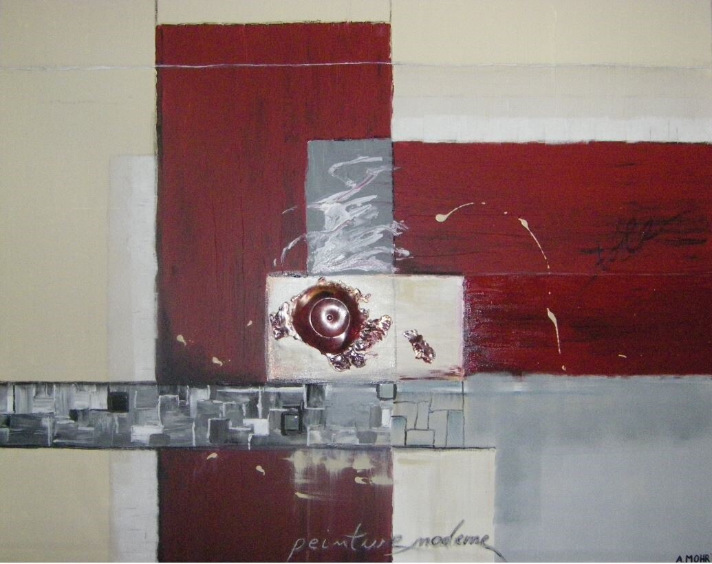 Zeitgenössische Malerei von Alexandra Mohr: Abstrakte, Geometrische Acryl Malerei auf Leinwand. Dominierende Farben sind weinrot/grau/beige, die sich in Rechtecken in der Mitte treffen. Mit Glasmosaik und in der Mitte eine dynamische Erhöhung.