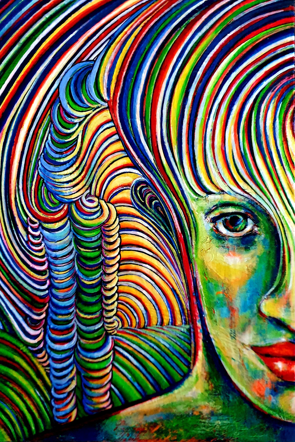 Zeitgenössische Malerei von Alexandra Mohr: Großformatiges Acrlbild mit kräftigen Farben, ein Kopf entsteht links durch die Schlaufen und Schlingen, die von links kommen. 