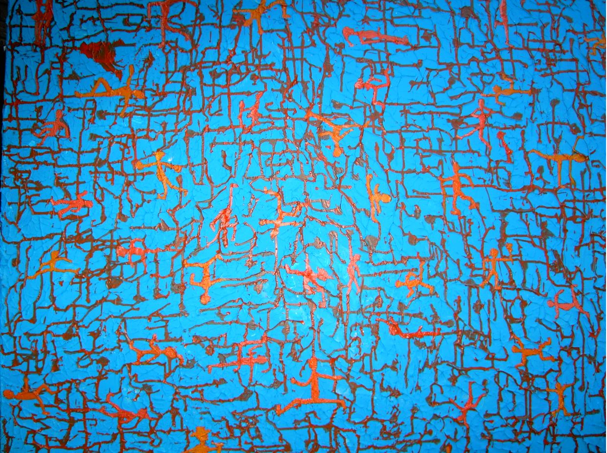 Zeitgenössische Malerei von Alexandra Mohr: Großformatige Auftragsarbeit Acryl auf Leinwand aus der Serie " Die Vielfältigkeit der Menschen", der Unterschied besteht im Hintergrund, der Hellblau ist und die Figuren in orange/rot.
