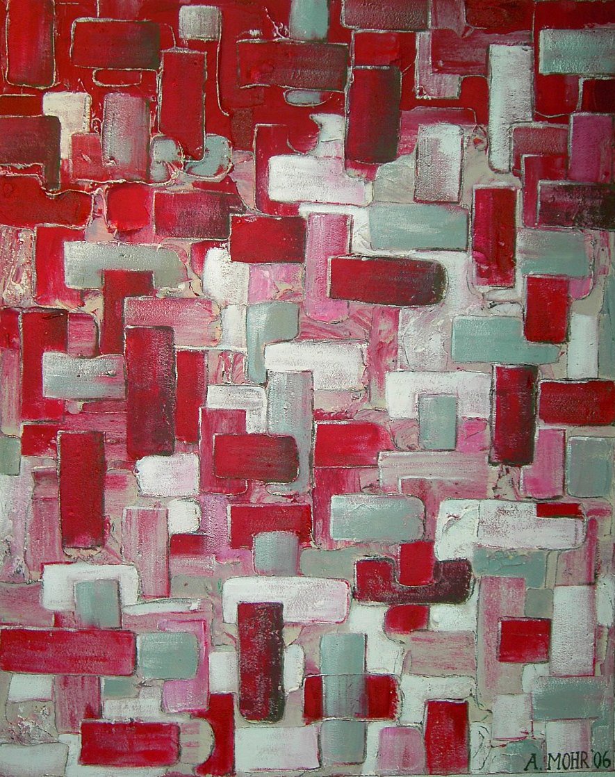 Zeitgenössische Malerei von Alexandra Mohr: Pastos, gespachtelt mit Strukturpaste in Mosaiktechnik. In verschiedenen rot/rosa7Weiß/Grau Tönen. Abstrakt erinnert an das Tetris Spiel. Eine 9kg Auftragsarbeit.