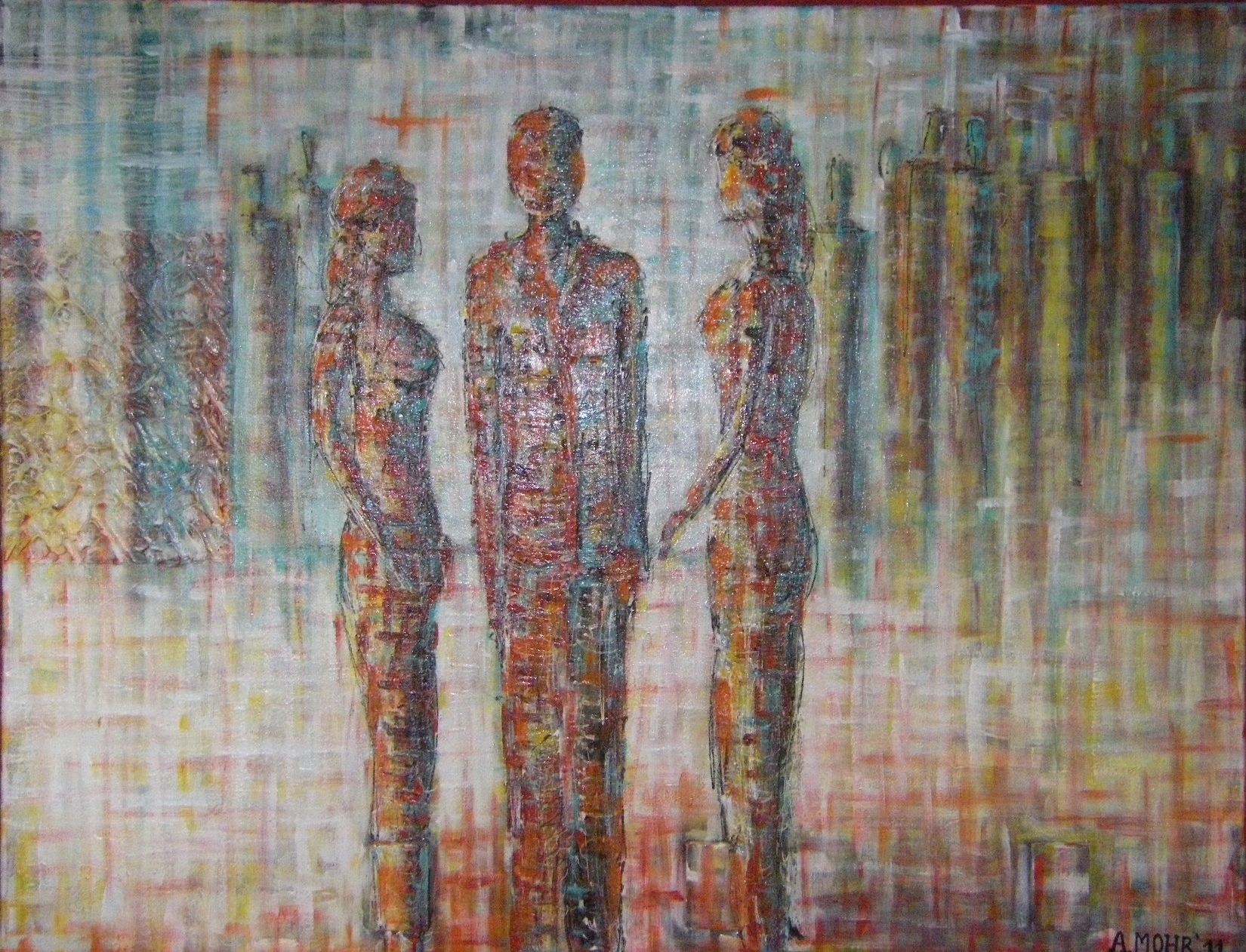 Zeitgenössische Malerei von Alexandra Mohr: Acryl auf Leinwand in Mosaiktechnik. Zu sehen ist im Vordergrund drei Menschen, die zueinander Gewand sind, im Hintergrund schemenhaft mehrere Menschen, das Werk ist in rot/braun/beige gehalten.Auftragsarbeit