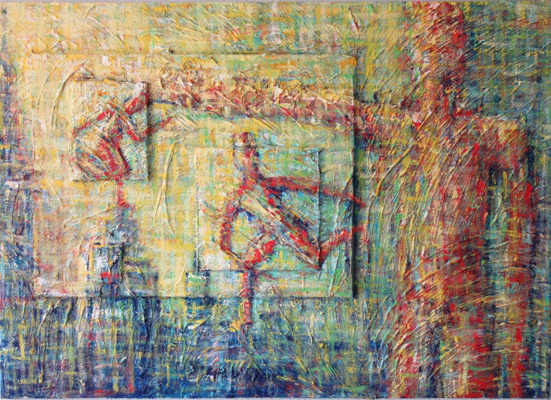 Zeitgenössische Malerei von Alexandra Mohr: Großformatig, gespachtelt, getupft mit Acrylfarbe und viel Struktur auf Leinwand. Sehr vielfarbig.Rechts steht ein Mensch der den Arm nach links ausstreckt. Eine Stadt ist links unten zu sehen. 