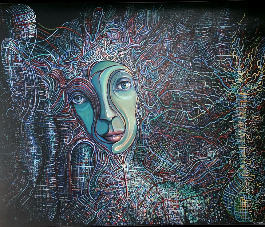 Zeitgenössische Malerei von Alexandra Mohr: Aus der Serie "Die Dimension der Zeiten", Alexandra Mohr macht die digitale Welt sichtbar und wie sie sich entwickelt. Feine Verästelungen, Linien, die an Datenstränge, Dioden und an Energie denken lassen. 