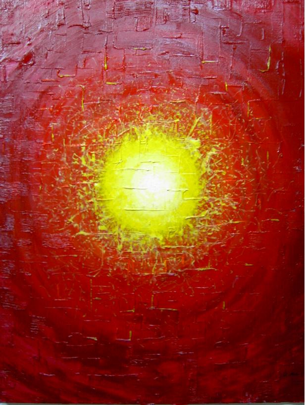 Zeitgenössische Malerei von Alexandra Mohr: Großformatige, teils gespachtelte Acryl malerei. Der Kern, die Mitte besticht durch einen weißen Kern der allmählich zu gelb ausfranst und zu rot wird. In dem kreisförmigen rot ist Struktur von schwarzem Nebel.