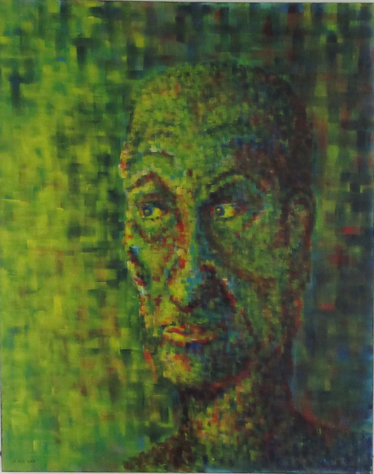 Zeitgenössische Malerei von Alexandra Mohr: Acryl auf Leinwand in Mosaiktechnik, ein Männerkopf, Konrad Adenauer, der nach links schaut. Mehrere Schichten Farbe, dass der gesamt Eindruck in gelb/grün erscheint. Wurde der CDU Wiesbaden angeboten. 