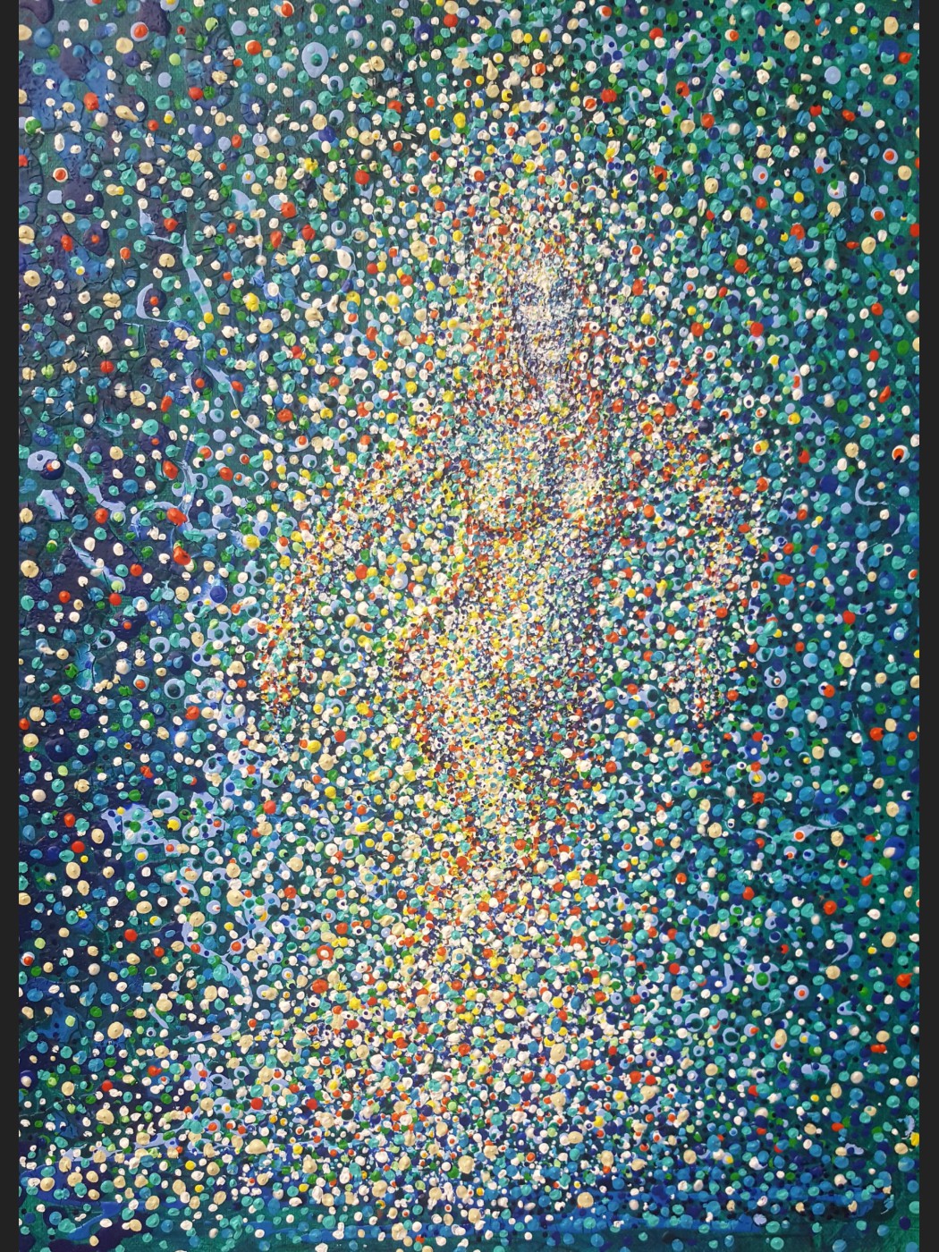 Zeitgenössische Malerei von Alexandra Mohr: Aus unendlich vielen Dots entsteht eine Amazone die dem Wasser entsteigt. Das Acrylbild wird von außen nach Innen zum Körper immer heller von den Farben.