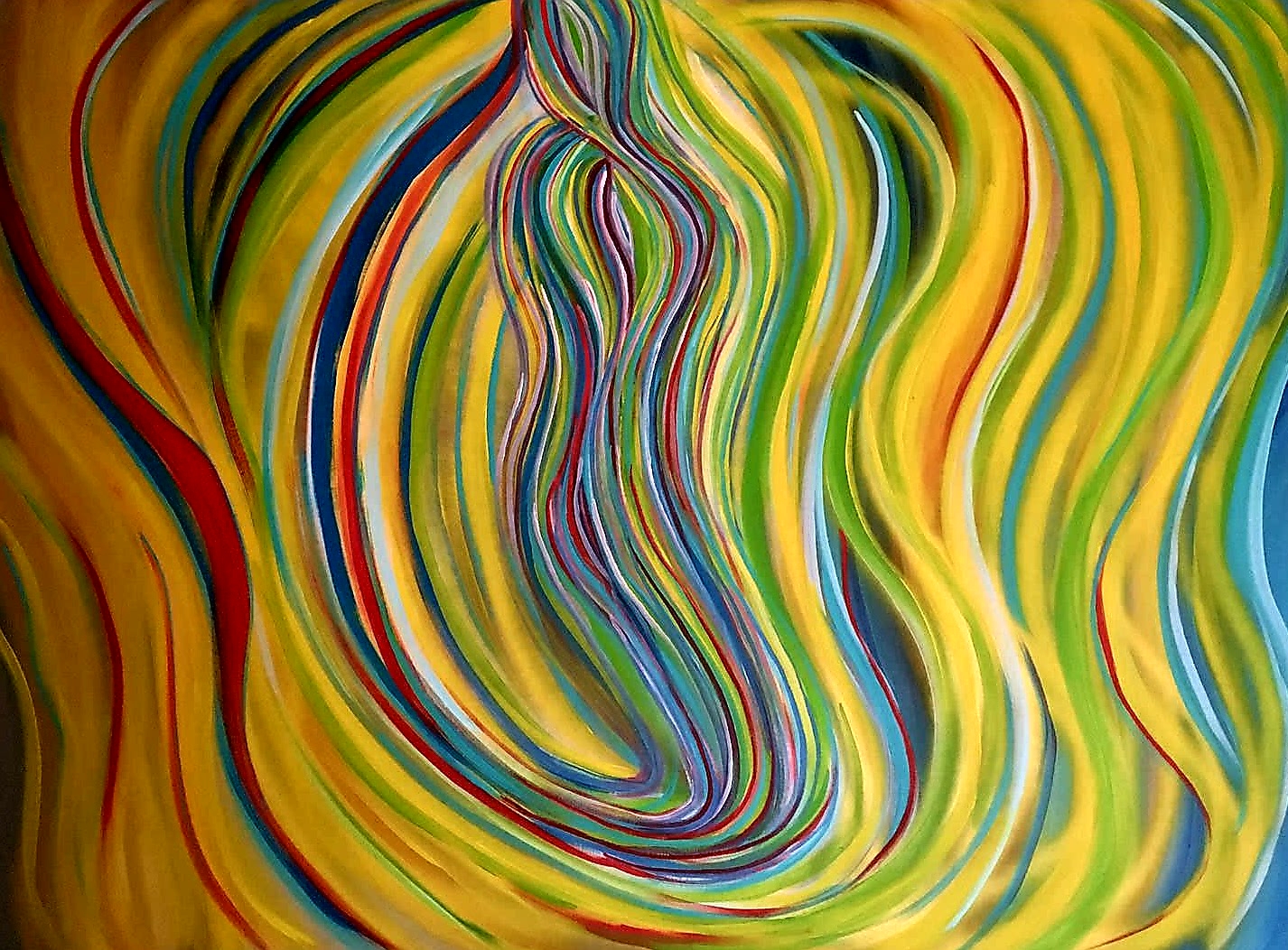 Zeitgenössische Malerei von Alexandra Mohr: Großformatige Auftragsarbeit mit Acryl und Acryl Spray, die dominante Farbe ist gelb und grün und soll eine sich entstehende Figur in der Mitte darstellen. 