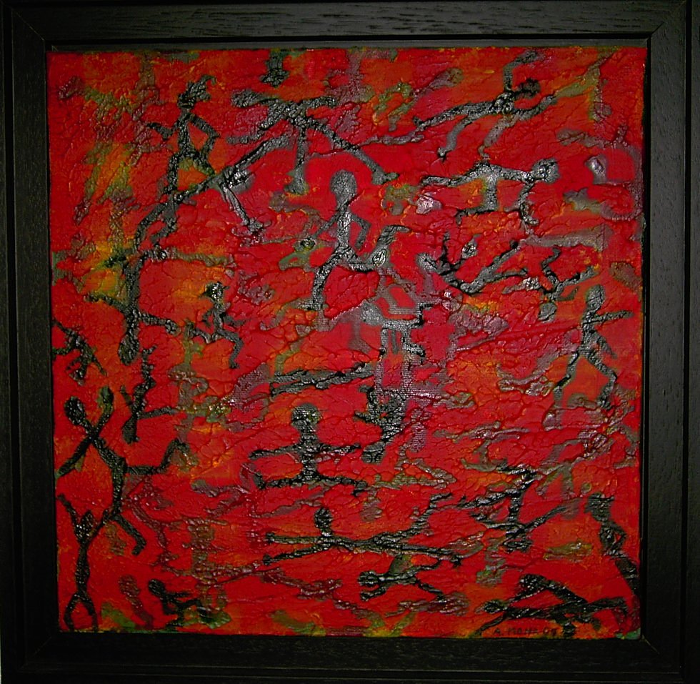 Zeitgenössische Malerei von Alexandra Mohr: Acryl mit Struktur, Hintergrund in rot gehalten, darauf Figuren, die Menschenähnlich willkürlich auf dem Bild plaziert sind. Das Schlüsselbild für die "Die Vielfältigkeit der Menschen"