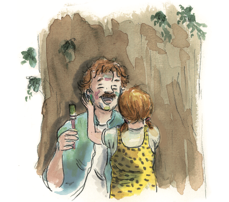 Aquarelle représentant le papa joyeux dans La Cabane Perchée, livre pour enfants sur le trouble bipolaire