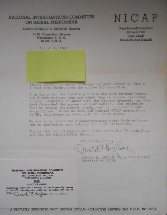 Lettera tra Donald E. Keyhoe e Richard Hall dove in sintesi lo ringrazia per essersi espresso sul fenomeno UFO
