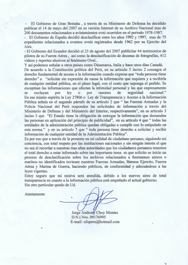 Lettera del Dottor Choy inviata al Ministro della Difesa peruviano