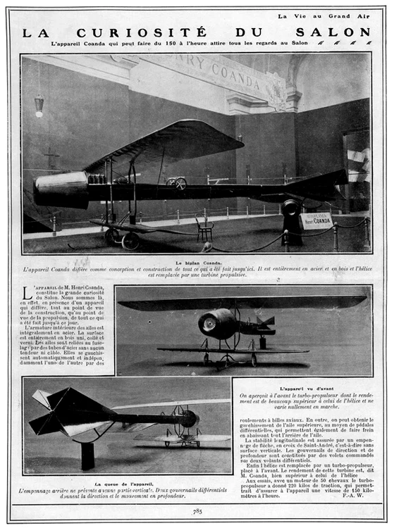 Foto e articolo del primo aereo a reazione di Henri Coandă presentato al salone nel 1910