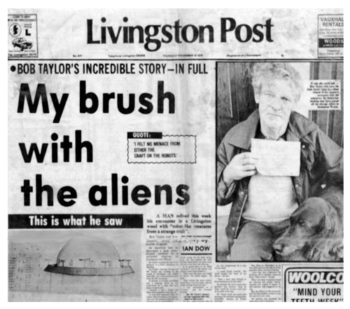 Prima pagina del Livingston Post del 1979 con lo schizzo di Bob Taylor's