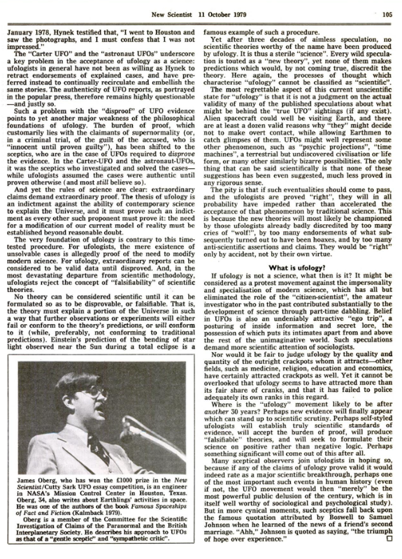 New Scientist 11 Ottobre 1979 - Articolo The failure of the science of ufology - pagina 105
