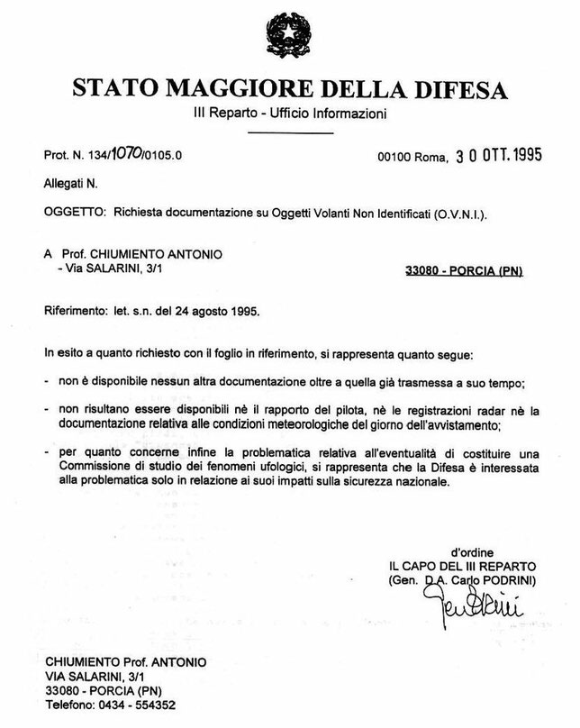 Richiesta documentazione su oggetti volanti non identificati OVNI del 30/10/1995