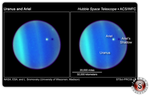 Transito di Ariel sul disco del pianeta, nel 2007. Immagine ripresa dal Telescopio spaziale Hubble.