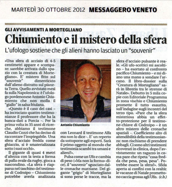 Articolo del 30/10/12 sull'incontro avvenuto a Mortegliano con un alieno