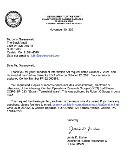 Risposta FOIA a Mr. J. Greenewald 