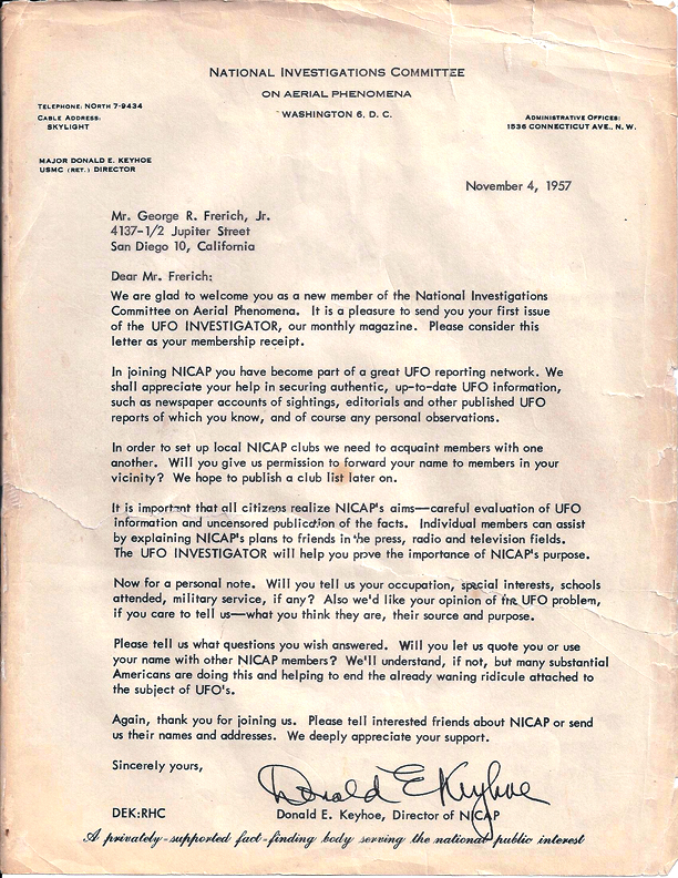 Lettera di Donald E. Keyhoe a Mr. George R. Frerich, Jr. per accoglierlo come un nuovo membro del NICAP datato 4 Novembre 1957