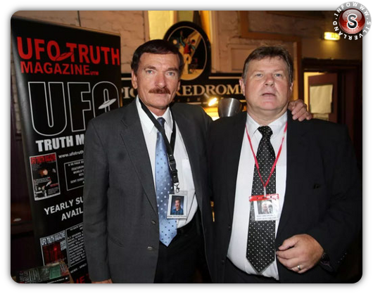 UFO Conference, Picturedrome, Holmfirth - Organiser Gary Heseltine (right) with speaker Travis Walton.